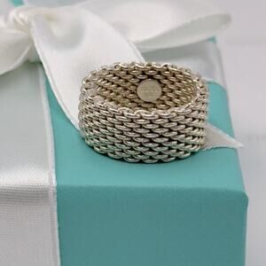 Tiffany & Co. Somerset Mesh Ring Band Size 8 Sterling Silver 925 W/ Pouch & Box